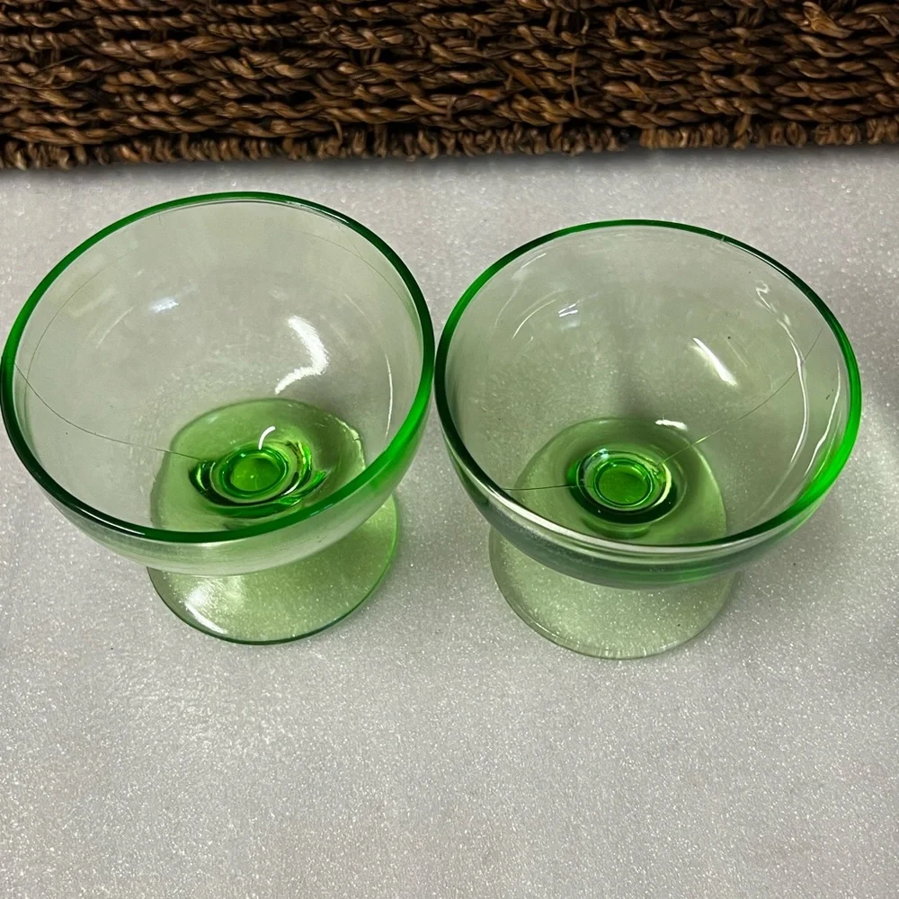 Uranium / Vaseline Glass Vintage Sherbet Ice Cream Pedestal Serving Dishes - 2